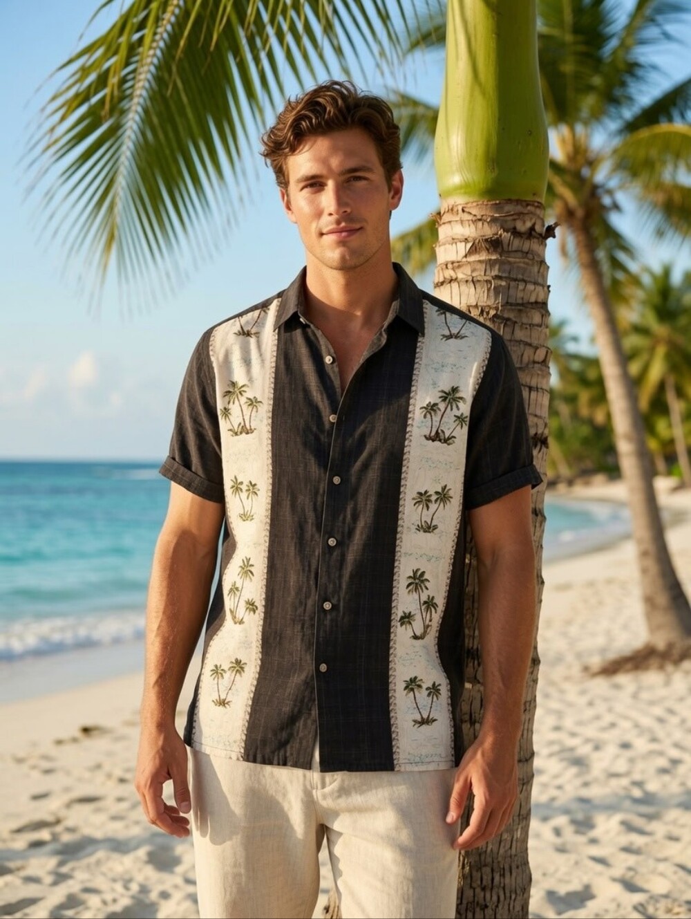 Campia Easy Care XXL Short-Sleeve Button-Down with Cream Palm Print Panels
